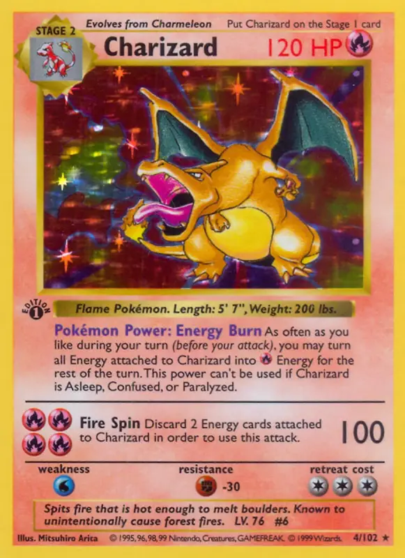 The Charizard Base Set Holo 4/102 — 1st Edition in natural light. That's it, that's the post